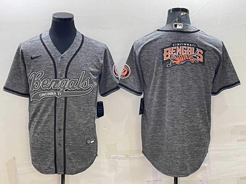 Men%27s Cincinnati Bengals Grey Gridiron Team Big Logo Cool Base Stitched Baseball Jersey